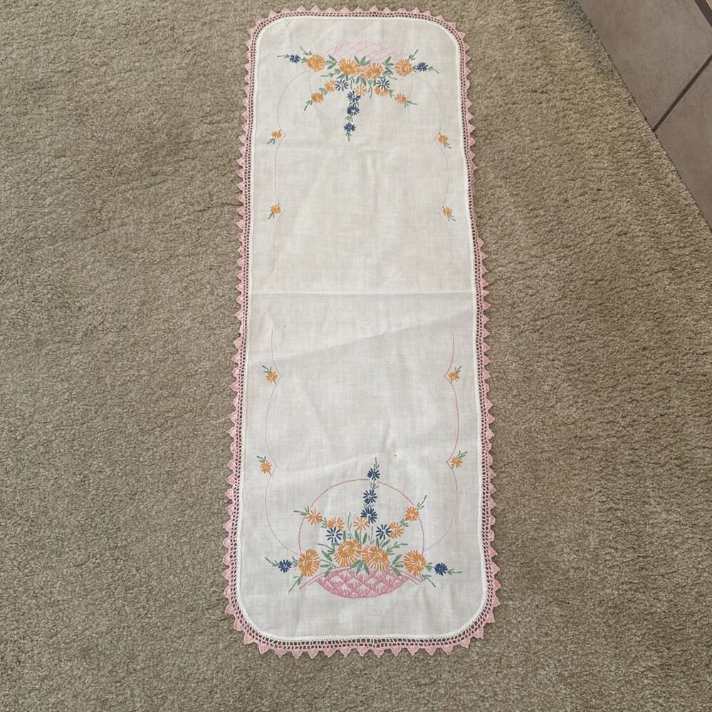 VTG Hand embroidered dresser scarf, 35”X13" Floral Basket Pink floral Grannycore